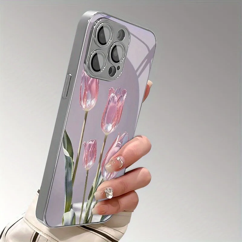Pink Glass Tulip Pattern Glass Electroplated Phone Case For iPhone 17 16 15 14 13 12 11 Pro Max Plus 16E 17 Air Protective Cover - Image 3