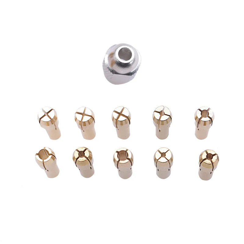 11Pcs Self Tightening Brass Chuck Silver Nut Mini Electric Drill Chuck Electric Grinding Copper Chuck Motor Tool Accessories