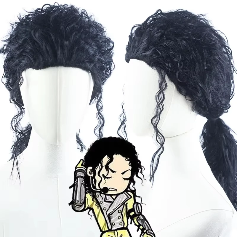 Peluca negra de Michael Cosplay MJ para hombres adultos, pelo largo y rizado, peluca sintética resistente al calor, accesorios para fiestas de carnaval y disfraces