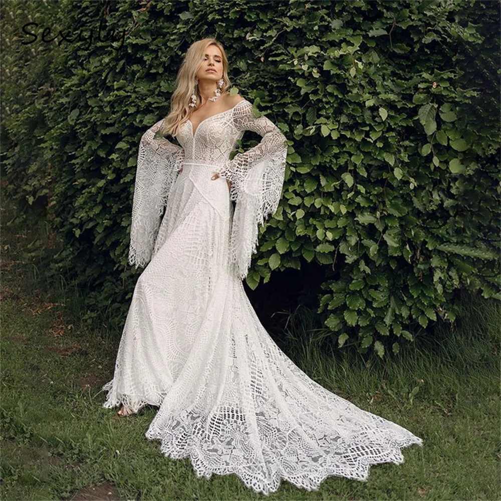 Fairy Bohemian Lace Wedding Dress Garden Boho Bride Dresses Flare Long Sleeve Elvish Country Gatsby Bridal Dress Customized