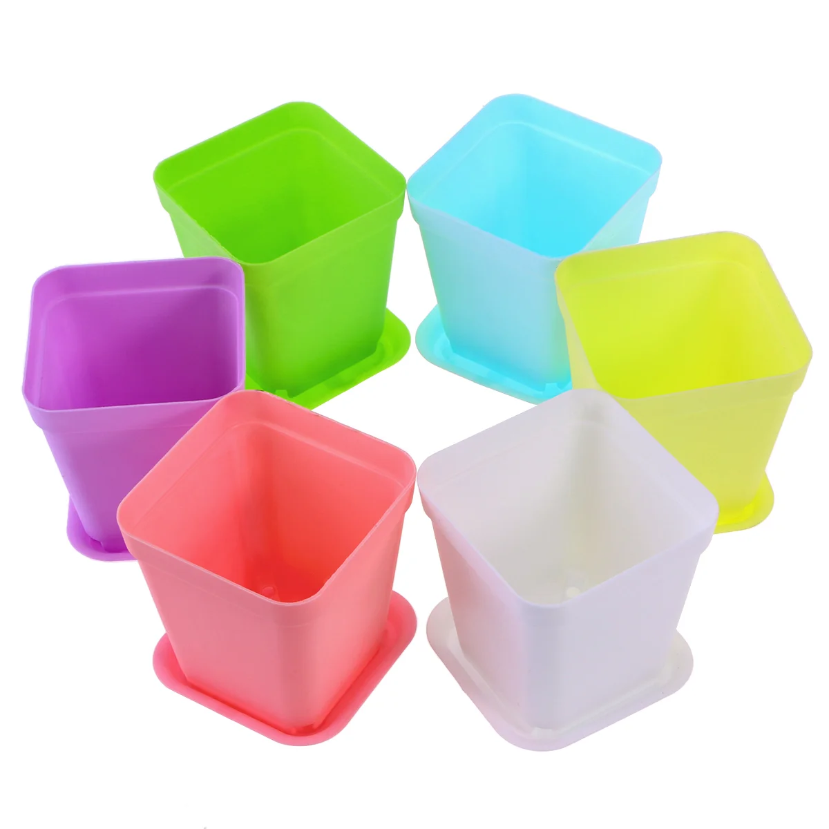 12pcs Plastic Plant Pots 7*7cm Square Flower Pot with Saucers for Planting (White & Pink & Blue & & Green)