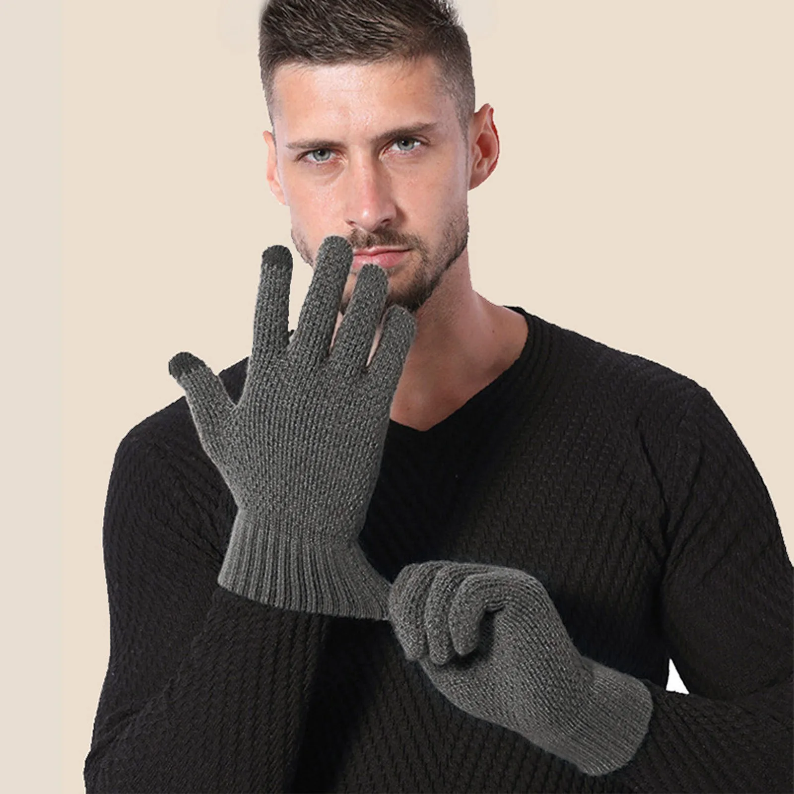 

Men Wool Knitting Touch Screen Gloves Mittens Male Plus Fleece Glove Full Finger Thick Split Finger Warm Driving Skiing Glove