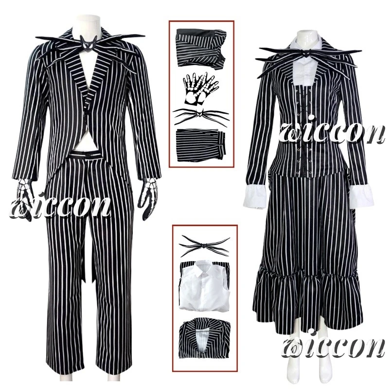 Jack Cosplay Kostuum Film Skellington Cosplay Voor Vrouwen Mannen Gestreepte Top Broek Outfit Halloween Party Uniform