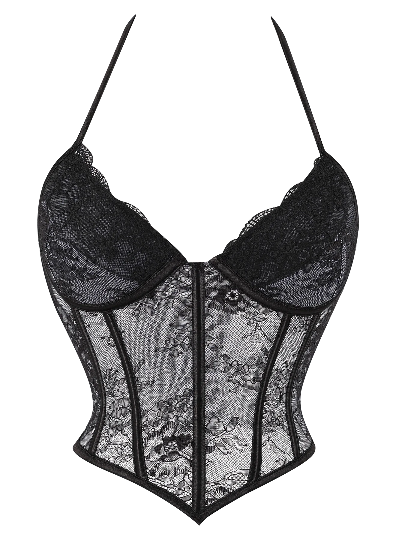 Women Coquette Vintage Floral Sheer Mesh Lace Corset Top Spaghetti Strap Boned Bustier Pointed Hem For Club Party Daily Wear