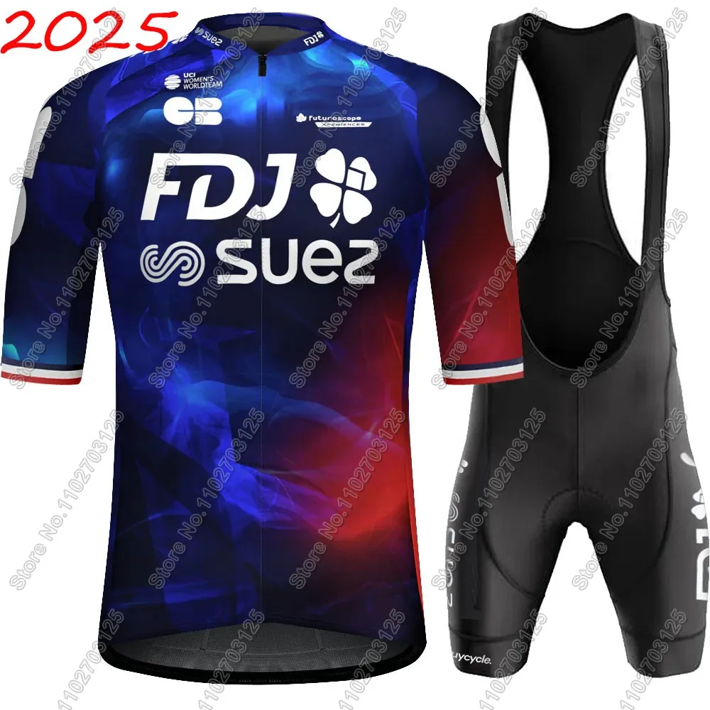 FDJ SUEZ 2025 Team Cycling Jersey Set Unisex France Clothing Men Women Short Sleeve Kit Road Bike Shirt Suit Bicycle Bib Short