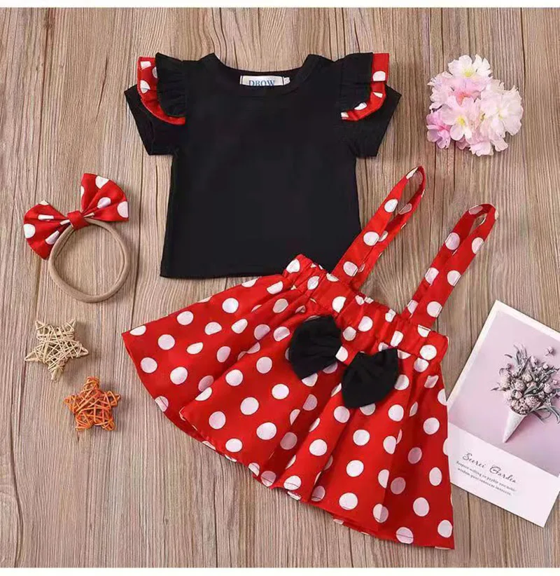 Kid\'s Summer Clothing Set 1-5Y Girls Tee + Polka Dot Strap Skirt + Bow headband 3pcs Suit Children\'s Outfit Girls Cute Clothes