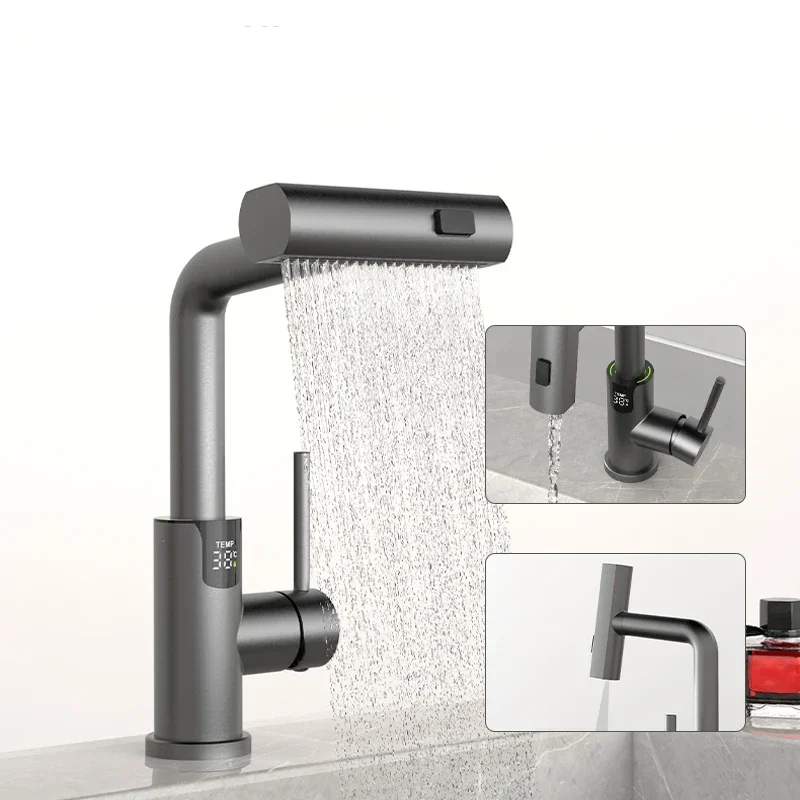 Temperature digital waterfall pull out basin faucet flow sprayer hot and cold water sink mixer bathroom wash faucet