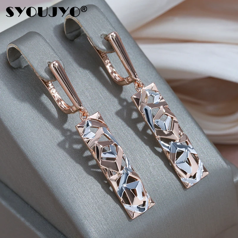 SYOUJYO Fashion Geometric Hollow Pendant Earrings 585 Rose Gold and Silver Dichroic Plating Wedding Fashion Jewelry Gift