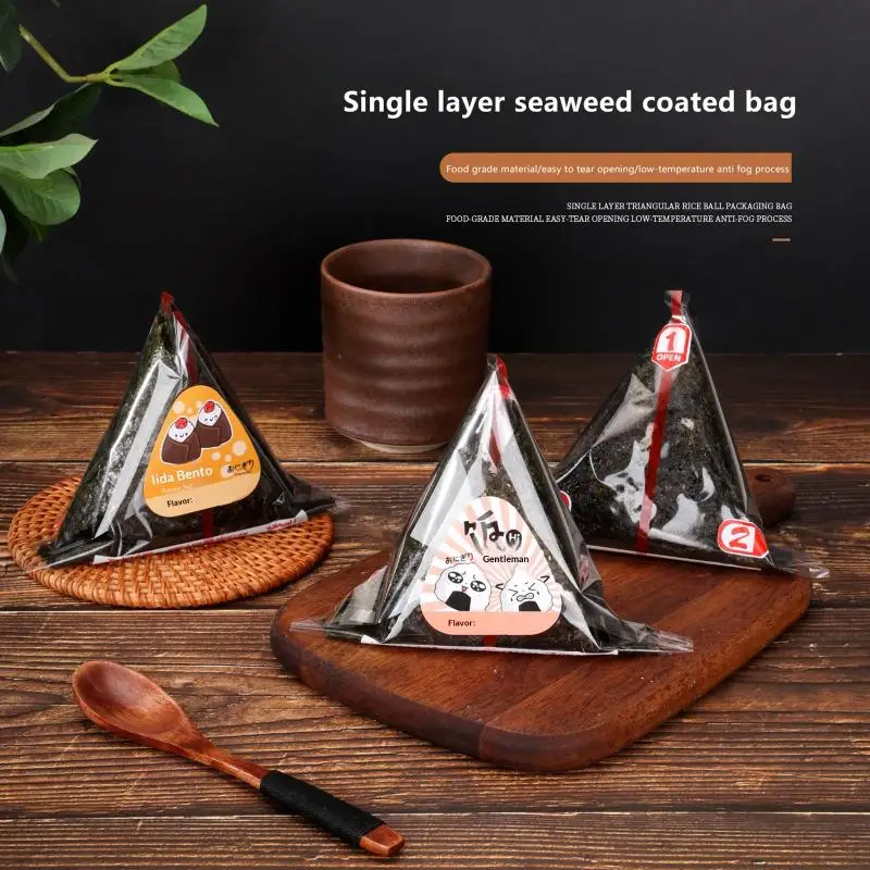 Reusable Triangular Sushi Rice Ball Bags with Label Stickers Plastic Mold for Bento Snack Packaging