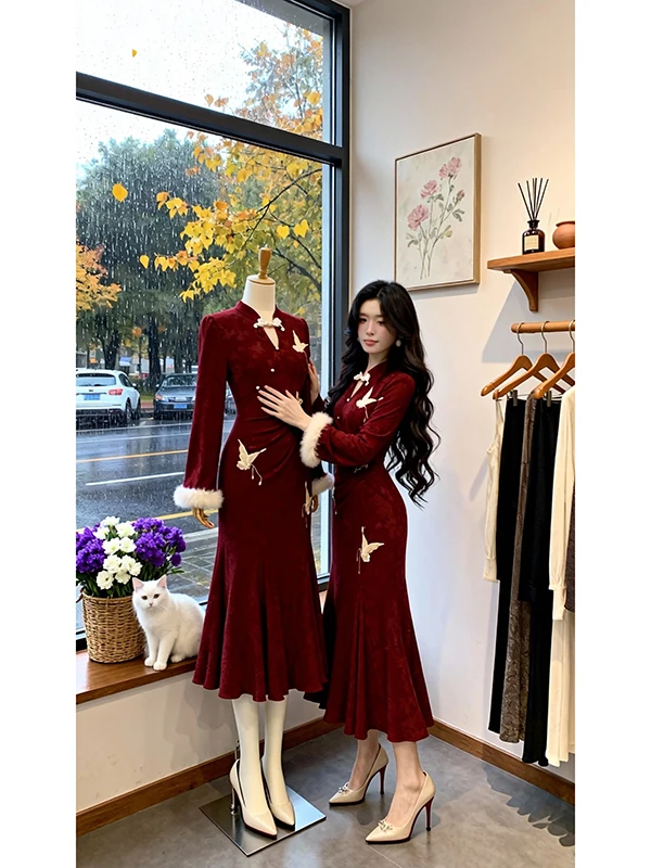 

Red New Chinese Sle Winter Improved National Sle Knitted Long Sve Dr Waist Cinching Sexy Embroidery Qipao for Women