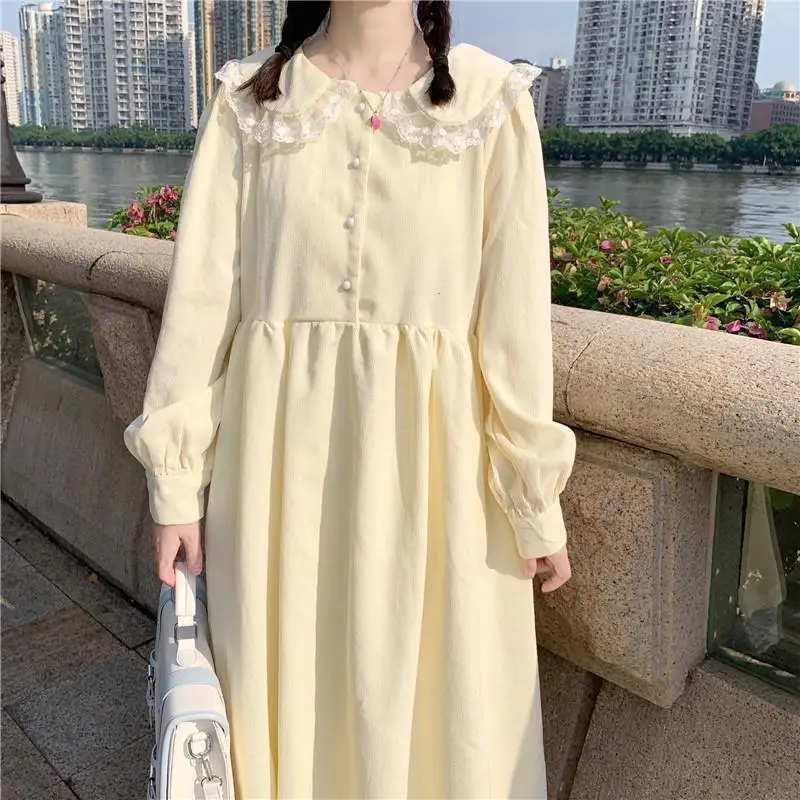 New 2022 College Style Sweet Peter Pan Collar Lace Dress Women Cute Japanese Mid-length Spring/Autumn Woman Dress