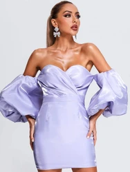 Sexy Off Shoulder Puff Sleeves Mini Slim Dress Women V Neck Strapless Lantern Sleeve Mini Dress Celebrity Party Club Satin Dress