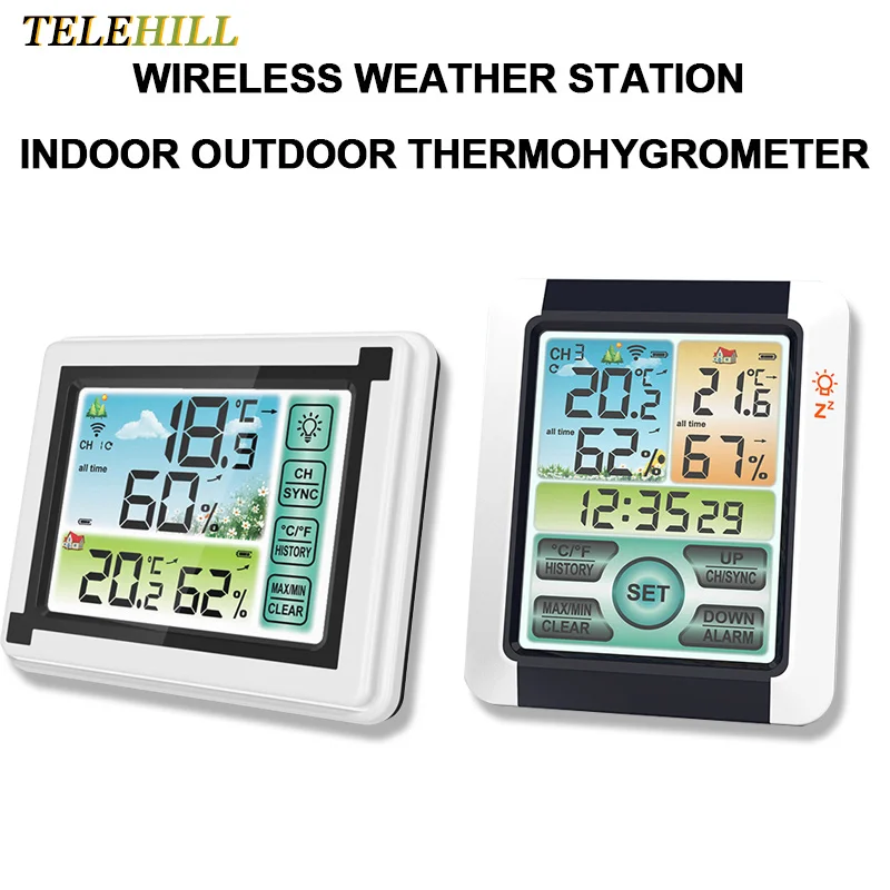 Wireless Weather Station Indoor Outdoor Thermohygrometer Color Screen Temperature Humidity Monitor Time Clock 3 Remote Sensor