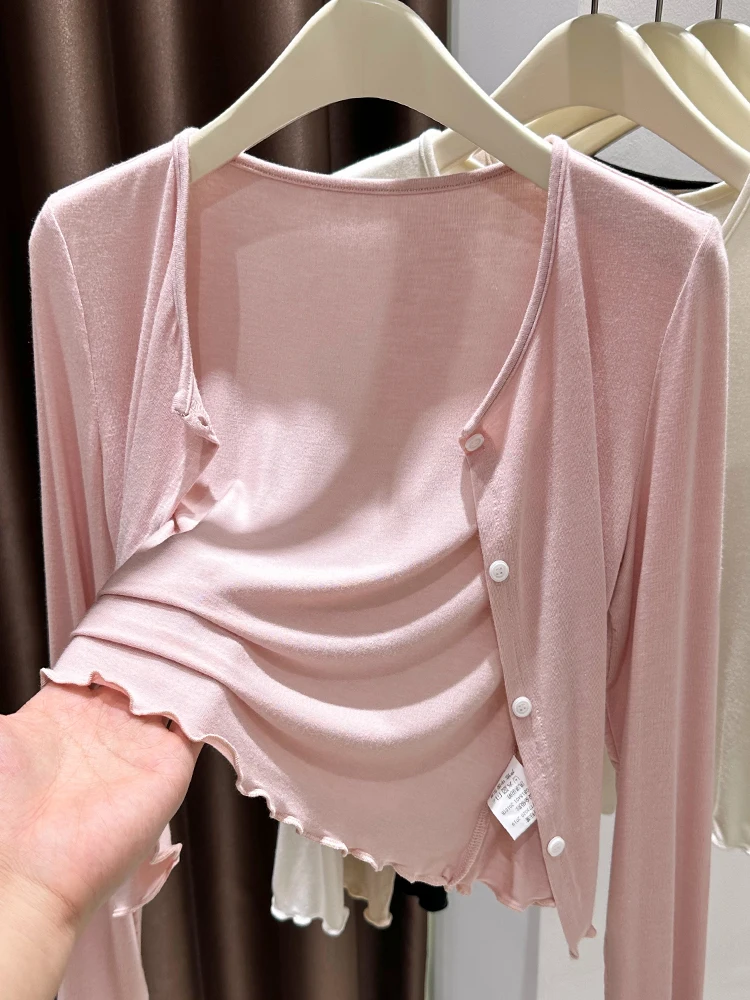 

Sweet Pink ort Knitted Cardigan Women's Summer New Long Sve Cover up Ice Silk awl with ter Dr Thin