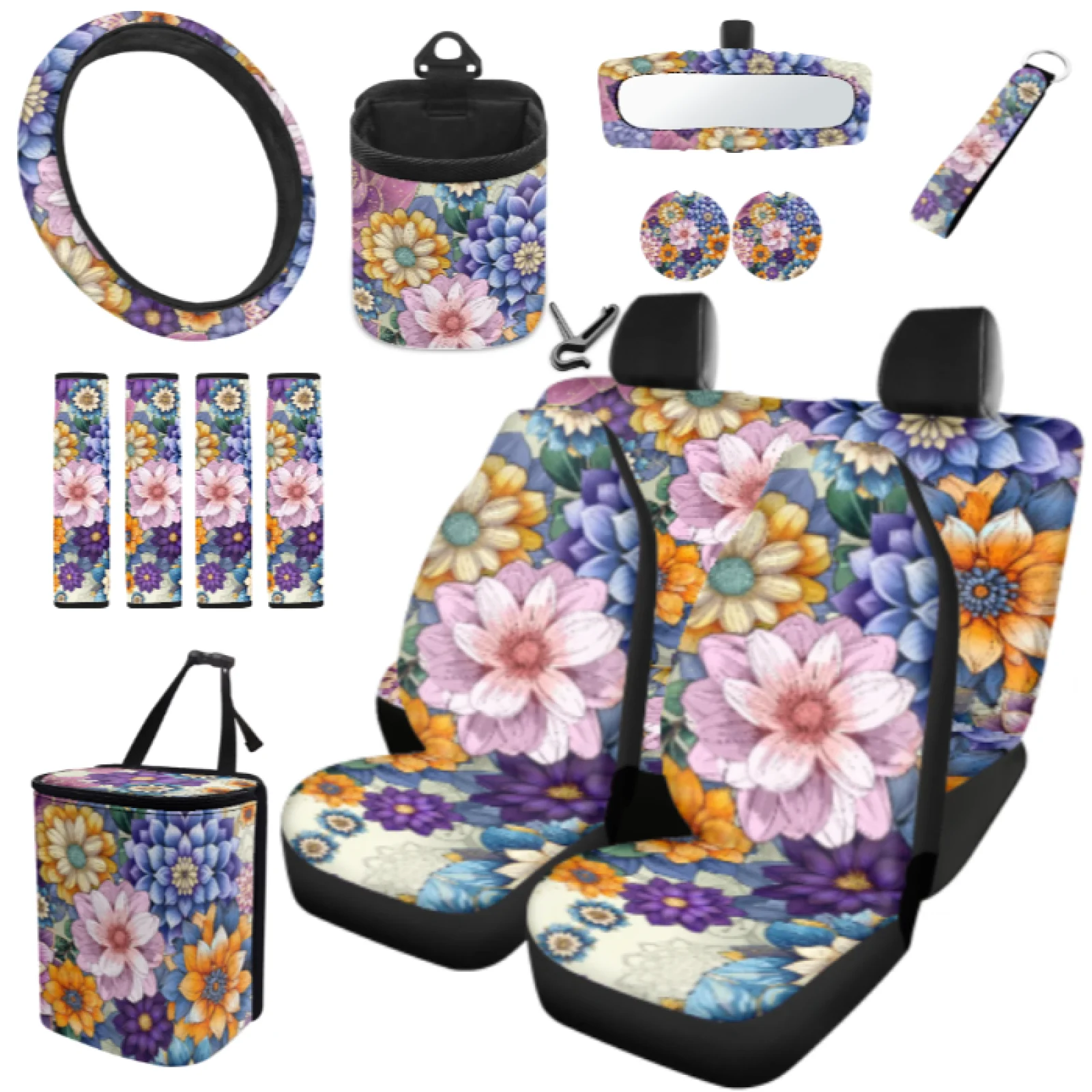 Coloranimal Flower Design 15 Pieces with Protective Car Steering Wheel Cover and Car Garbage Bag for Van