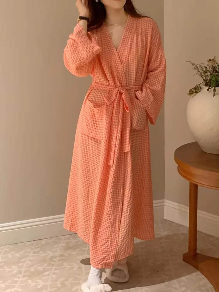 Home Soft Summer Stripe Long Sleeve Plaid Sleepwear Women Elegant Casual Long nightgown Korean Style Simple Sweet Sleep Tops Ins