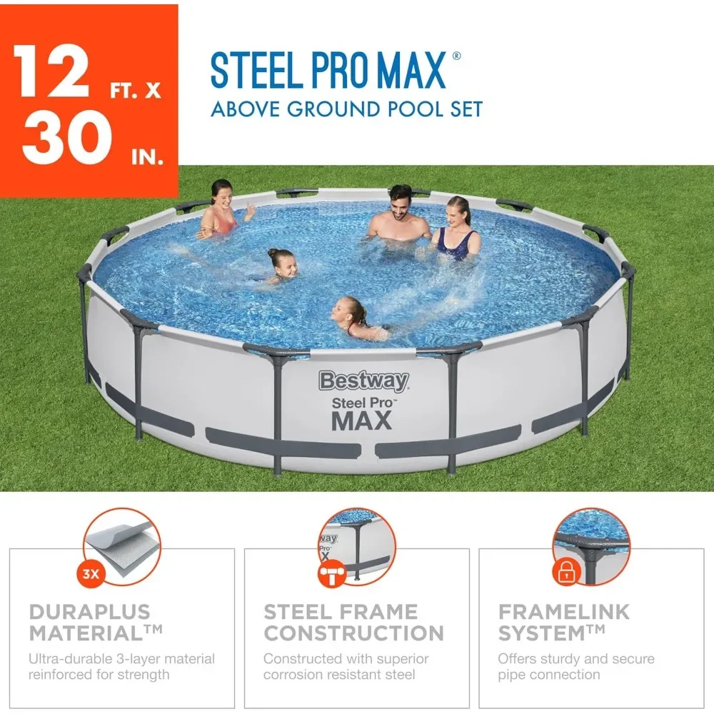 12 Foot x 30 Inch Round Metal Frame Above Ground Outdoor Backyard Swimming Pool Set with 330 GPH Filter