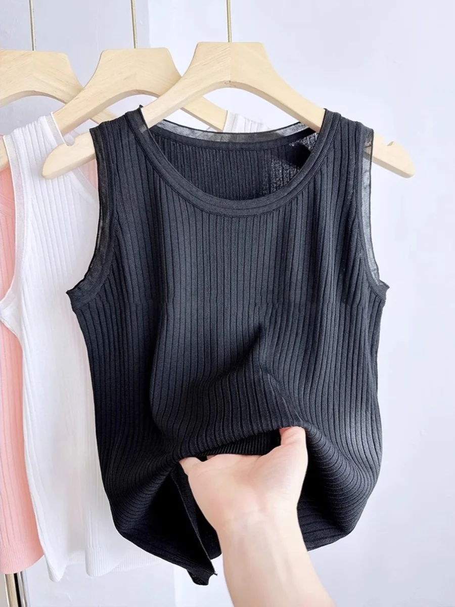 Oule-Chaleco con tirantes de punto de seda de hielo para mujer, ropa interior versátil, fina, redonda, capa Base Ne Svel, Top informal de verano