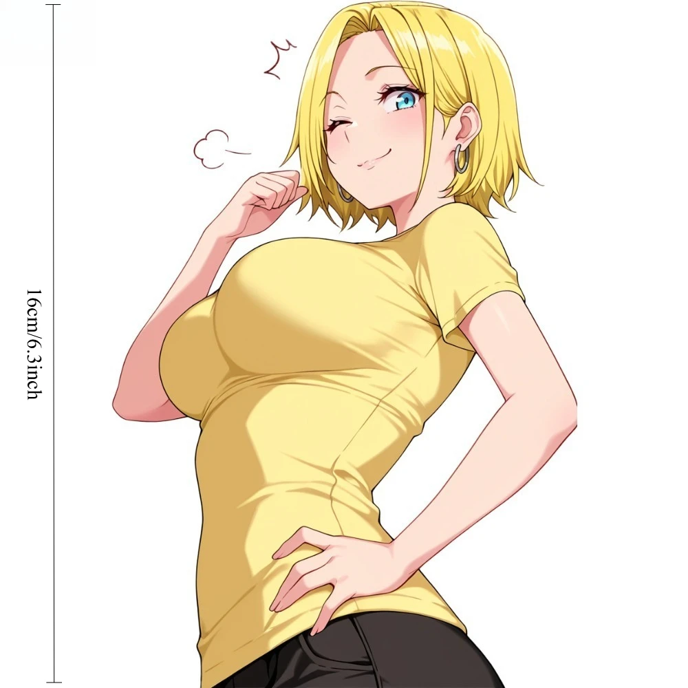 16cm Anime Girl Car Sticker Blonde Blue Eyes Playful Yellow T-shirt Waterproof Vinyl Decal for Motorcycle Helmet Laptop