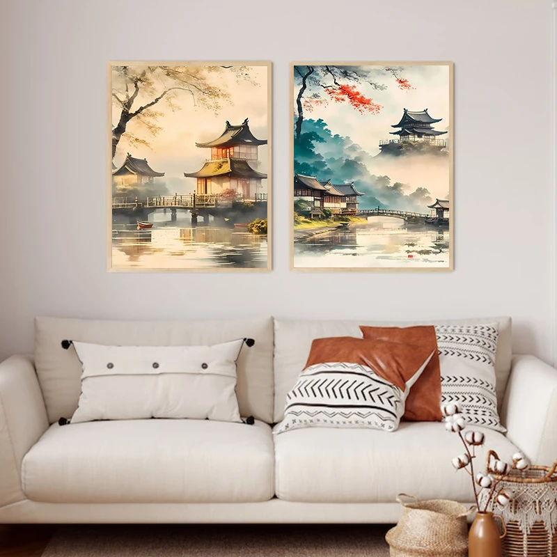 Vintage Japan Landscape Poster Prints River Boat Tower Views Canvas Painting Wall Art Picture For Home Living Room Decor Cuadros