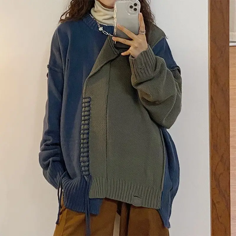 Women Sweater 2022 New Fashion Autumn Spring Vintage Girls Tops Turndown Collar Full Sleeve Sweater Shirt Splicing Girls Hoody