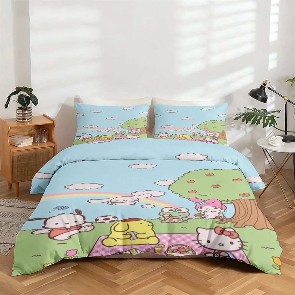 Juego de ropa de cama de 3 piezas con estampado digital de alta definición, con diseños de dibujos animados de My Melody, Hello Kitty, Little Twin Stars y Pompompurin, juego de funda nórdica con diseño floral grande, incluye 1 funda nórdica + 2 fundas de 