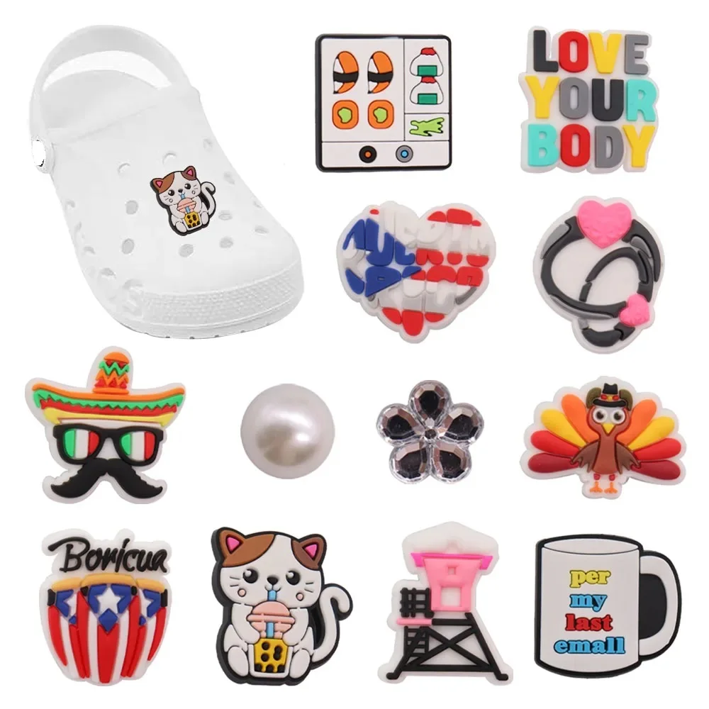 1 pz ciondoli per scarpe in PVC fibbia Fit braccialetti Sushi Heart turchia Cat Cups Love Your Body scarpe da giardino decorazioni per bottoni regalo per bambini