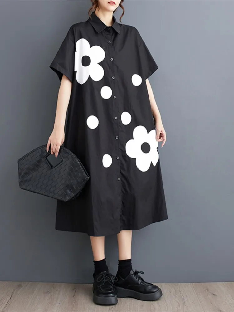 Oversized Summer Midi Shirt Dress Women Flower Polka Dot Print Fashion Casual Ladies Dresses Loose Ruffle Pleated Woman Dress