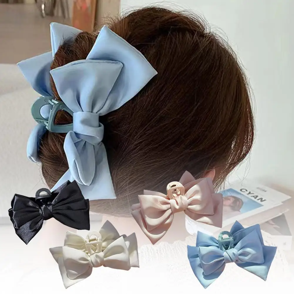 Women Bow Hair Claw Clips Elegant Double-sided Large Shark Barrettes Hairpins Satin Hair Hair Claw Solid Accessories Bowkno V7W9