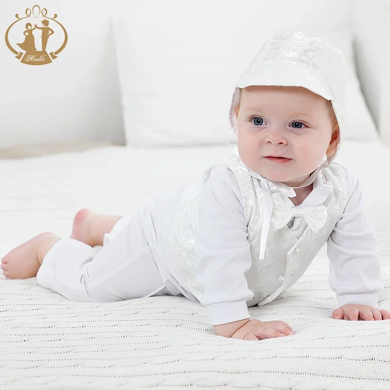 

White Baby Boy Clothes Set Baptism Outfits Solid Full Sleeve Jacquard Suit Lace Christening Gown Newborn Gentleman Birthday Gift