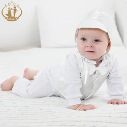 White Baby Boy Clothes Set Baptism Outfits Solid Full Sleeve Jacquard Suit Lace Christening Gown Newborn Gentleman Birthday Gift