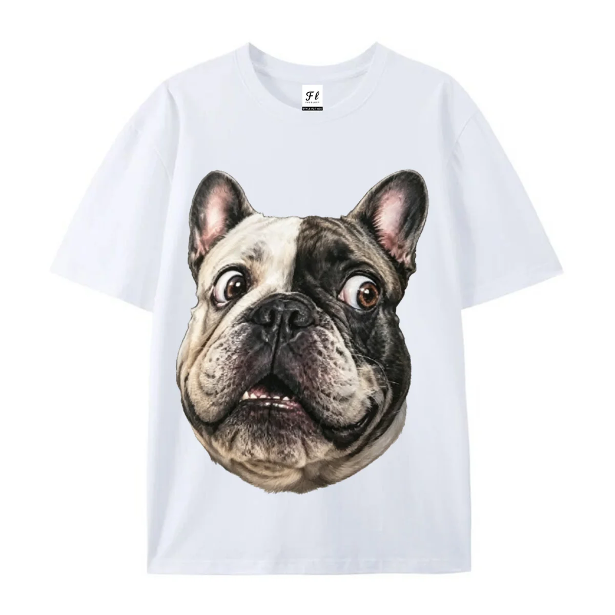Funny French Bulldog Graphic Tee Realistic Surprised Frenchie Dog Portrait Print Dog Lover Casual Short Sleeve Top Streetwear