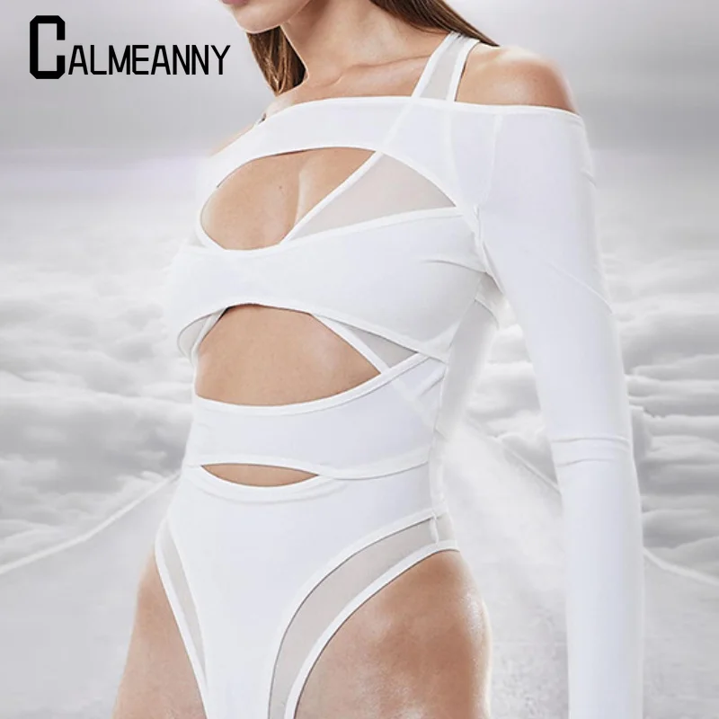 2023 Summer Modern Cool Personalized Multi Hollow Mesh Spliced Long Sleeved T-shirt for Women Slim Fit and Slimming One Piece