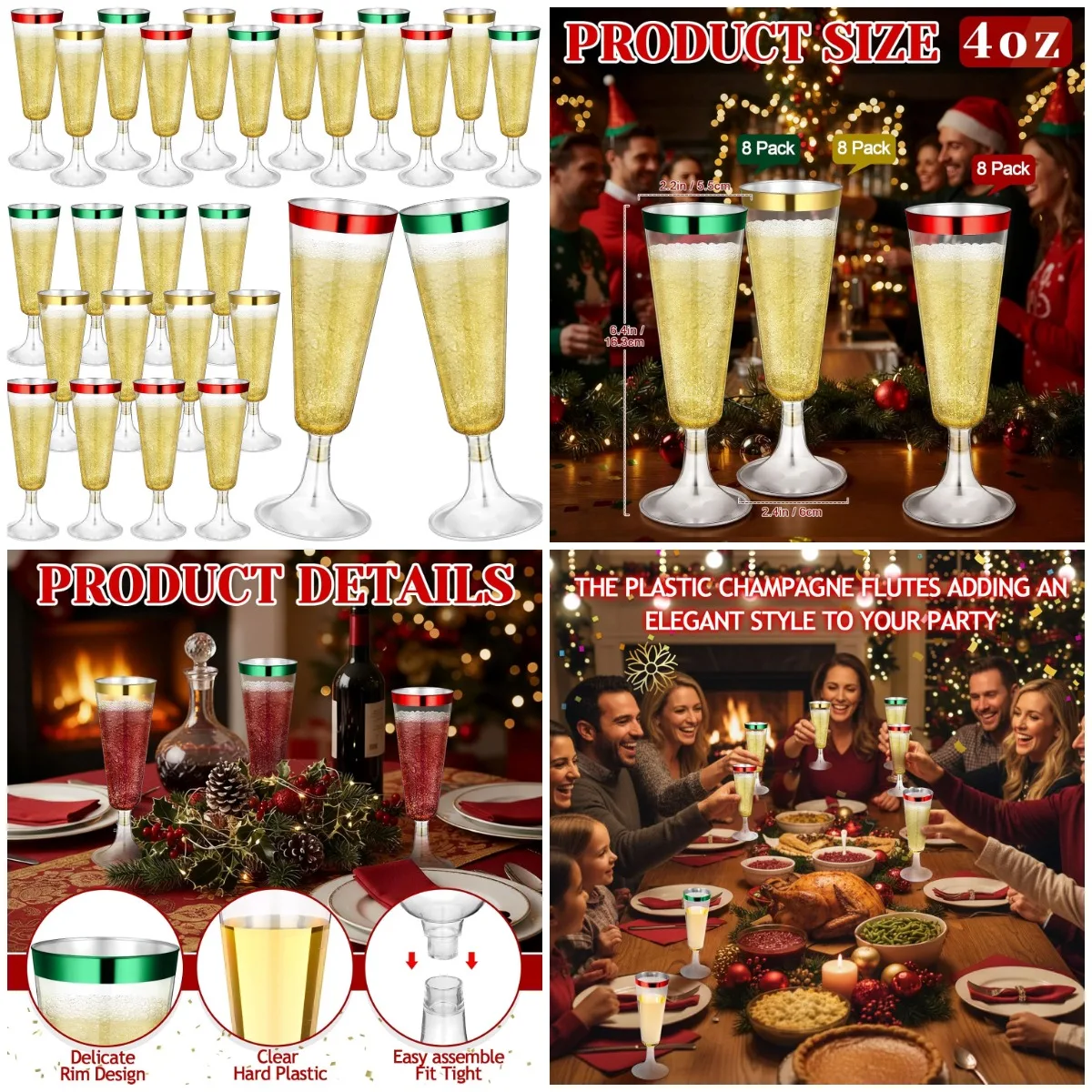 

24 Pcs Clear Plastic Champagne Flutes 4 oz Disposable Toasting Glasses for Wedding, Christmas, Birthday – Red, Green, Gold