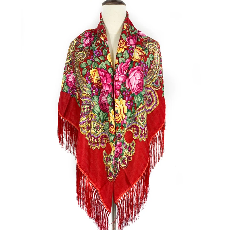 135*135cm Women Russian Square Scarf Luxury Floral Print Bandana Scarves Babushka Handkerchief Fringed Blanket Shawl Head Wraps