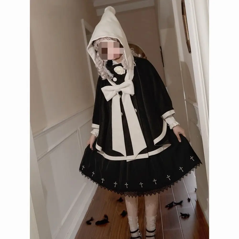 

Autumn and Winter Japanese Cute Sweet Lolita Cloak Women Halloween Vintage Velvet Red Cape Coat Shawl with Hat