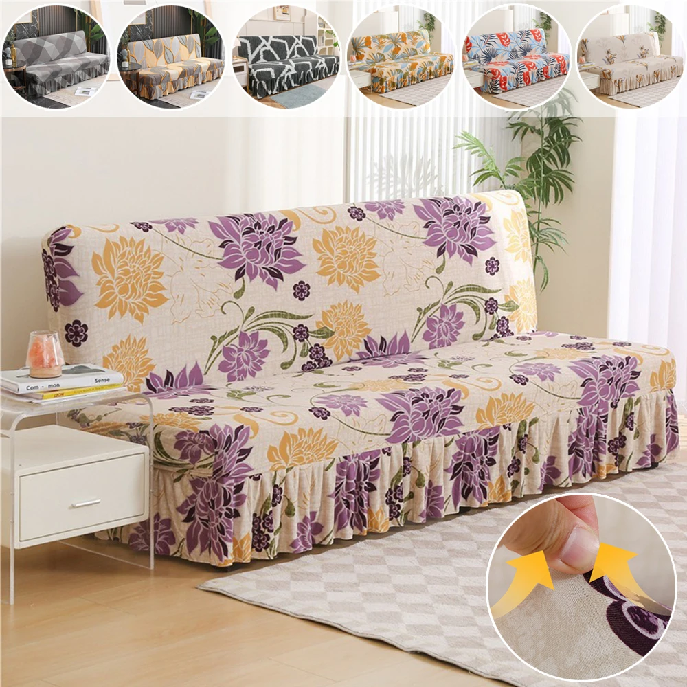 Simple Stretch Armless Sofa Bed Cover All-inclusive Foldable Sofa Cover with Skirt Sofa Cover Machine Washable for All Seasons