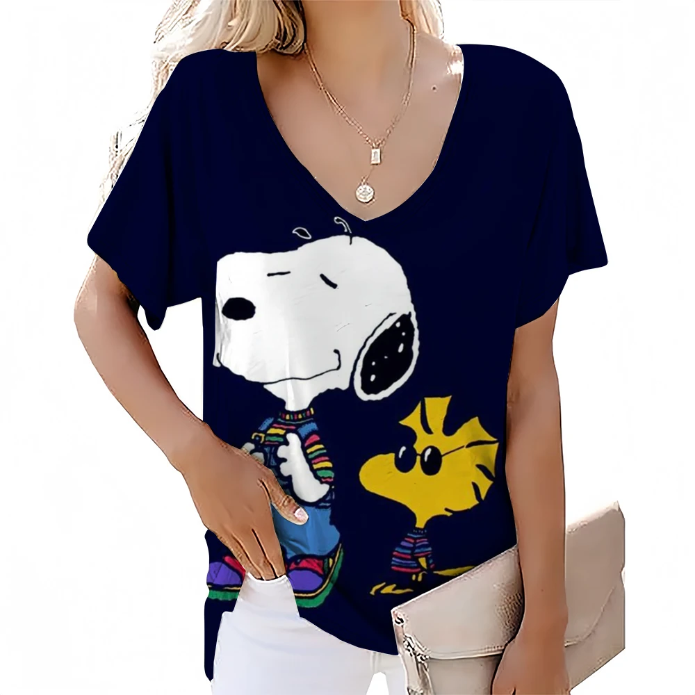 Snoopy print Design Minimalist Print Comfortable Women's V-neck T-shirt Summer Vitality Street High Quality Short Sleeved Top ﻿