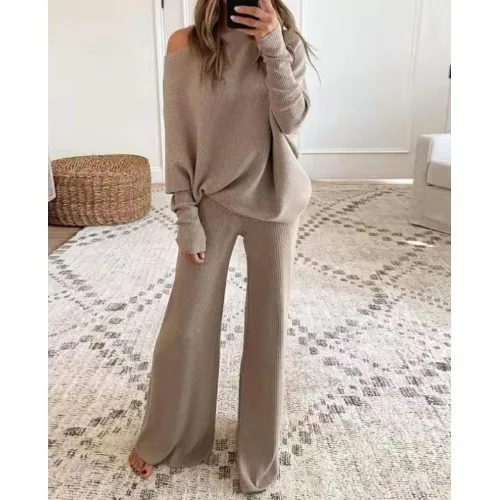 Fashion Long-sleeved Bateau Collar Top + Wide-leg Pants 2-piece Set Women Elegant Autumn Solid Knitted Loose Commute Suit Female