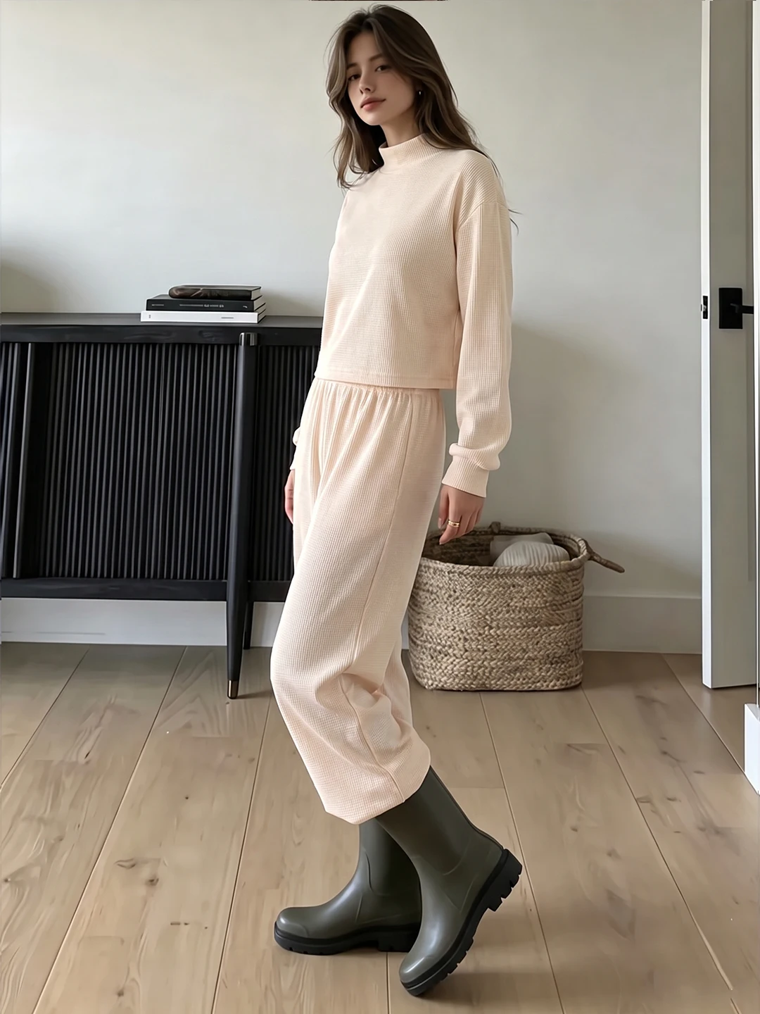 Women's Waffle Knit Two‑Piece Outfits, Mock Neck Long Sleeve Cropped Top + Elastic High Waist Wide Leg Pants Casual Tracksuit Se