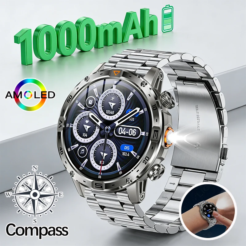 

Умные часы LIGE Military Outdoor с батареей 1000 мАч, фонариком, водонепроницаемостью IP68, компасом, монитором здоровья и спортивными функциями для мужчин