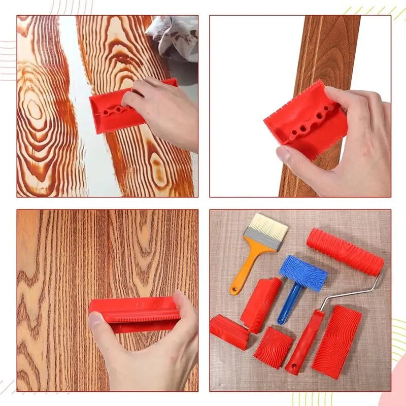 مطاط DIY لأدوات طلاء الحبوب الخشبية، مجموعة أدوات الحبوب الخشبية مكونة من 7 قطع، أسطوانة طلاء خشبية صناعية مقاس 7.08 بوصة لغرفة الحائط Art-B9 #4