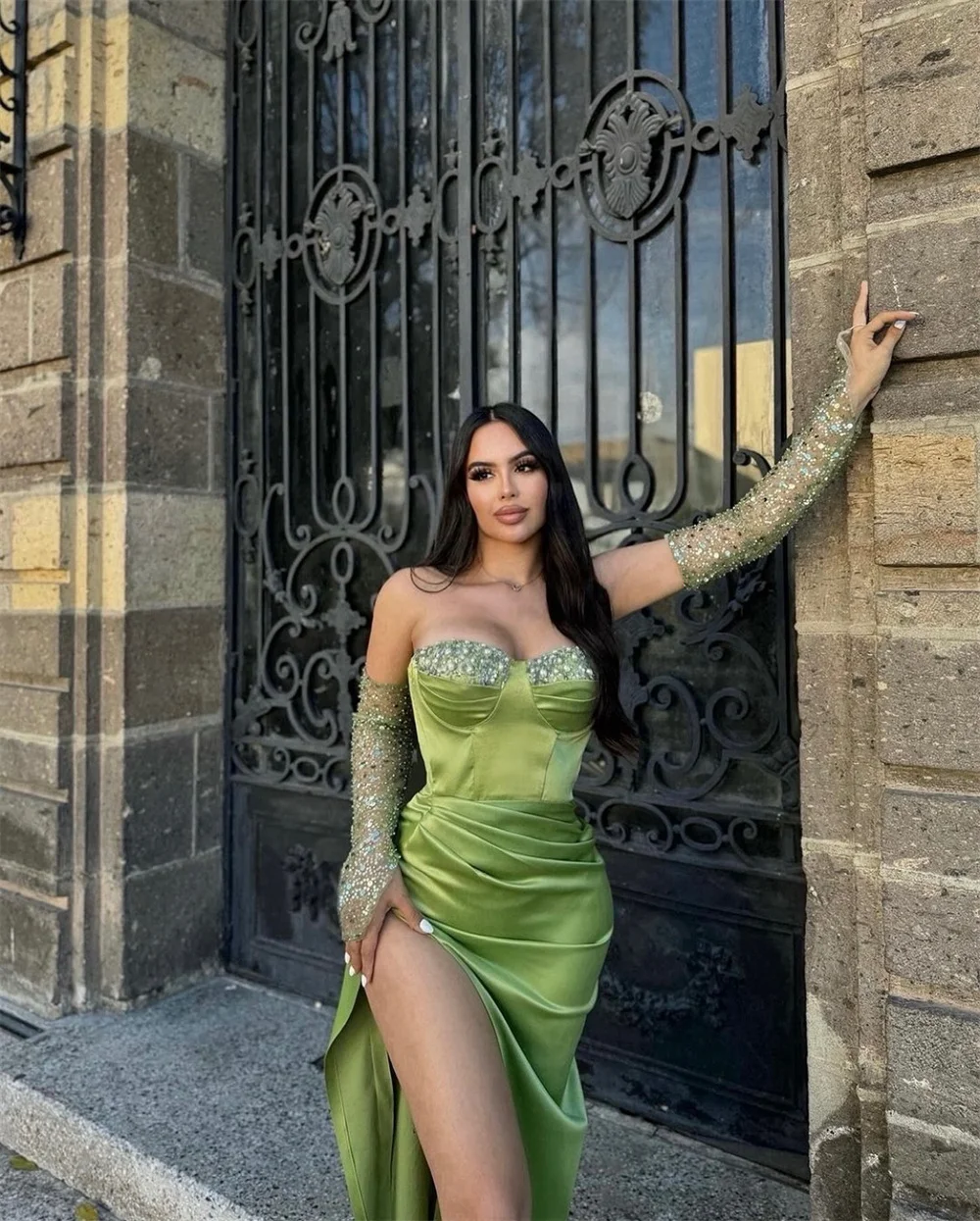 Amanda Green Satin Beaded Prom Gown Strapless Mermaid Detachable Sleeves Evening Formal Elegant Side High Split Party Dresses