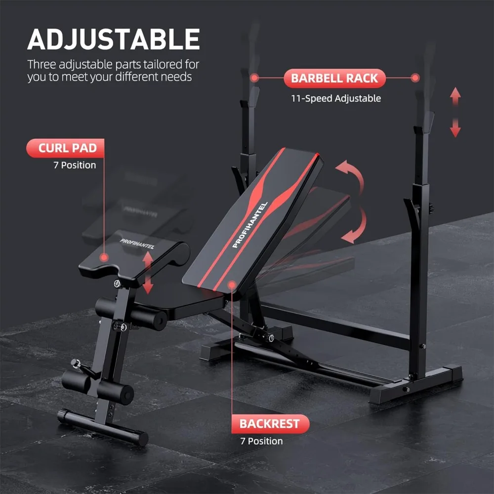 Adjustable Weight Bench,  Workout Bench, Bench Press Set with Squat Rack and Bench, Leg Exercises Preacher Curl Rack