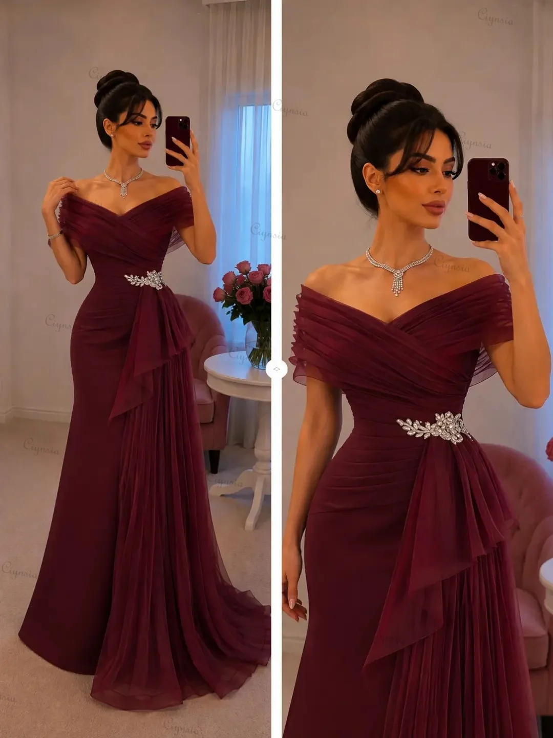 Maßgeschneiderte schulterfreie Abendkleider in Burgunderrot, elegante Meerjungfrauenkleider, Organza-Plissee, formelles Ballkleid, lang, 2027 neu