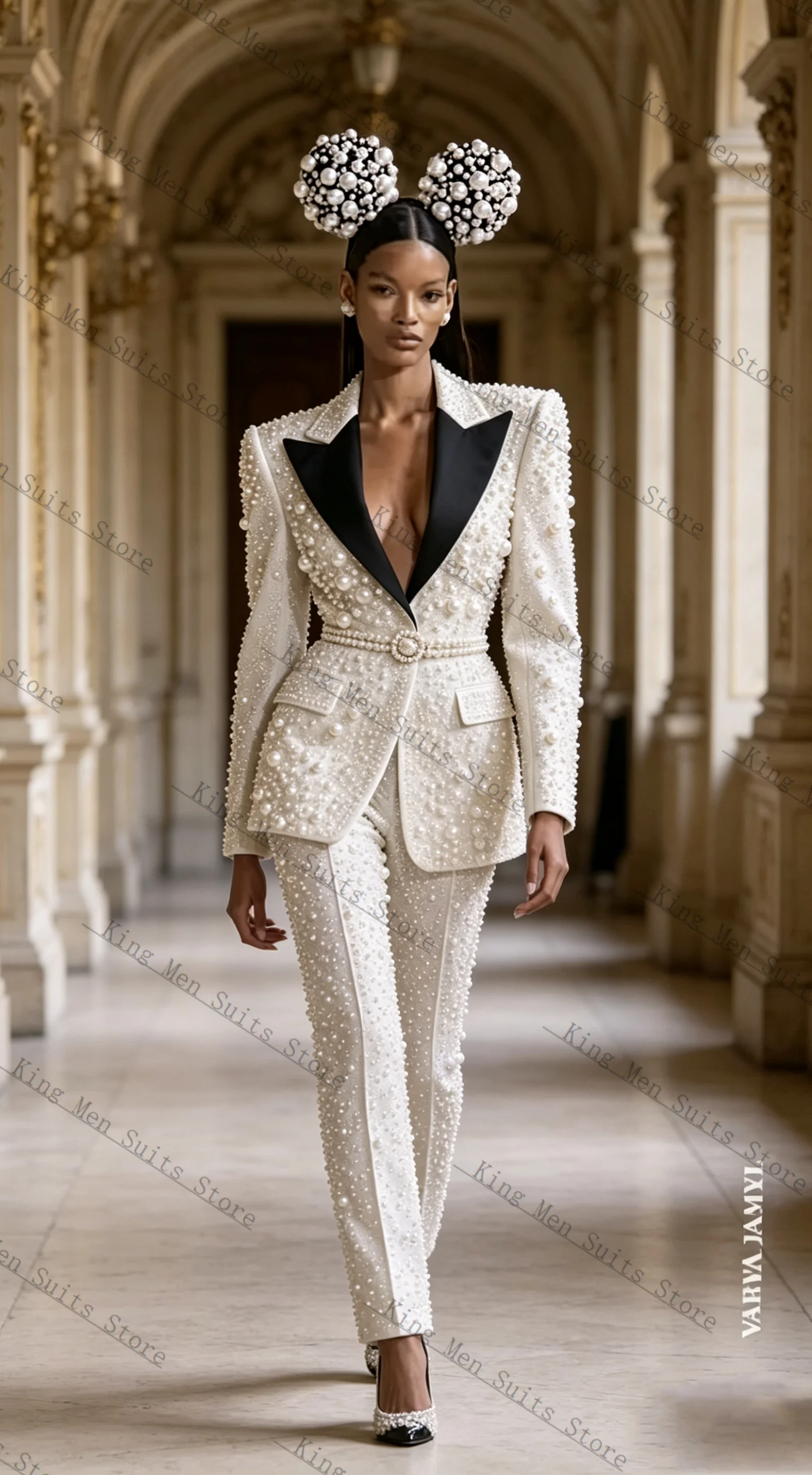 

Luxury Formal Women Suits Set 2 Piece Pearls Blazer+Pants Trousers Cotton Customized Office Lady Jacket Wedding Prom Coat