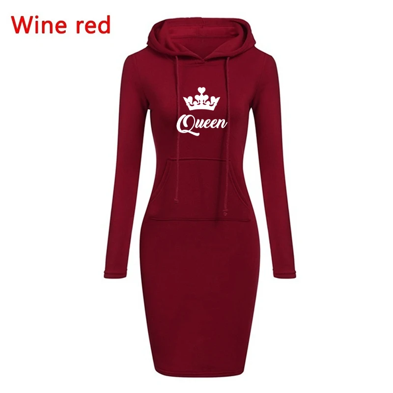 Hot Women's Queen Printed Knee Dresses Hoodie Slim Dresses Solid Hoodie Dress Long Sleeve Vintage Female Trendy Vestidos