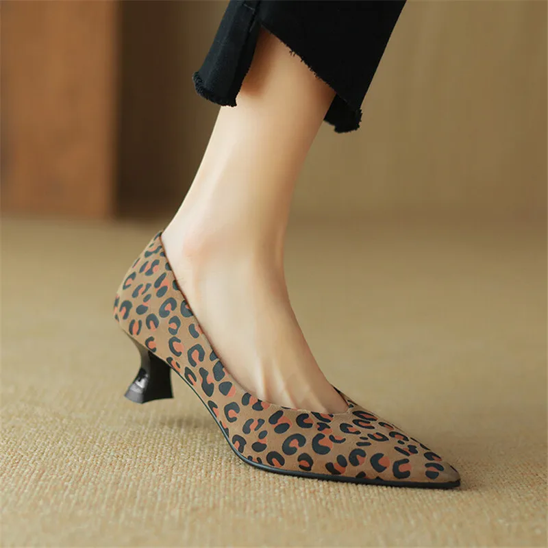 New Spring Sheep Suede Women Shoes Pointed Toe Women Pumps Shallow Loafers Shoes for Women Leopard Print High Heels Ladies Shoes