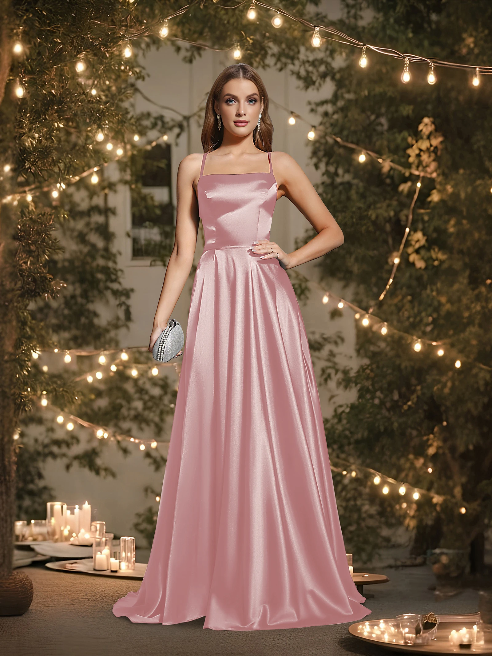 MisShow Elegant Satin Bridesmaid Dresses Spaghetti Strap Square Neck Lace-up Backless Long Dress High Split Train Formal Vestido