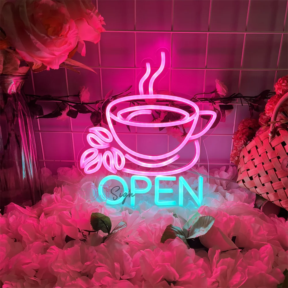 Coffee Open Neon Sign Coffee Shop Hanging LED Wall Decor Business Lights for Bar Cafe Store Open Decoration Neon Light Signs